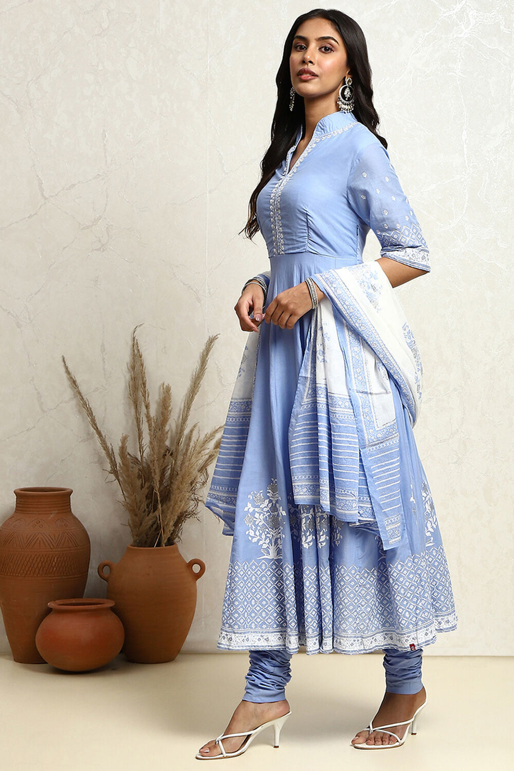 Yellow Blue Printed Cotton Anarkali Suit Set image number 3