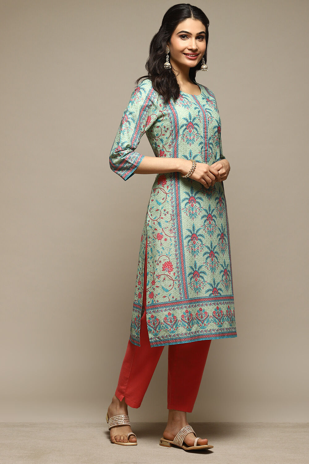 Green Cotton Straight Printed Kurta image number 4