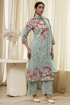 Turquoise Cotton Floral Printed Straight Suit Set image number 5