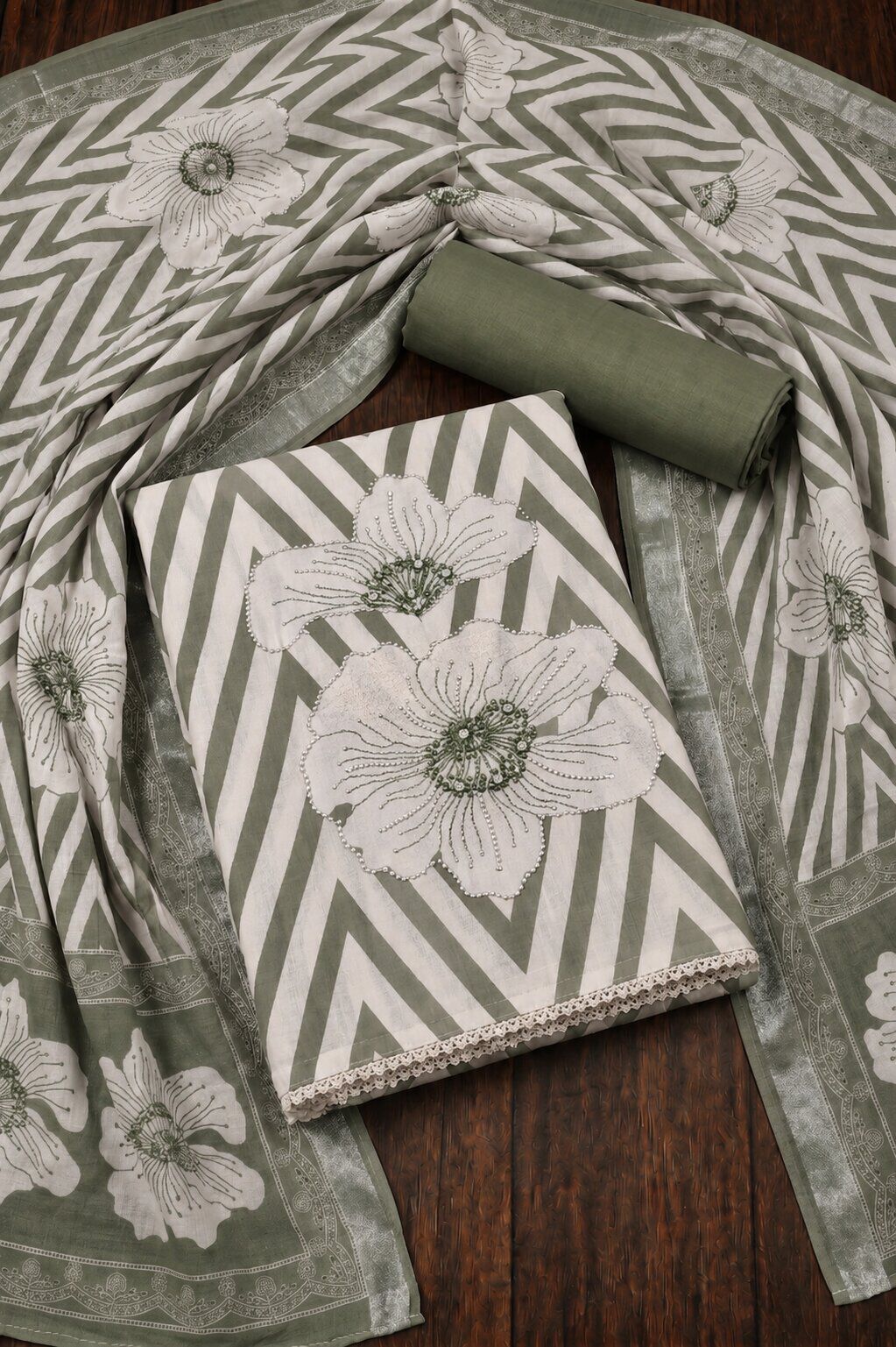 Green Linen Contemporary Print Unstitched Suit Set image number 1
