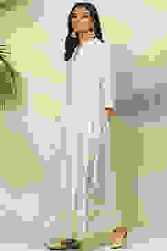 Off White Cotton Flared Printed Dress image number 2