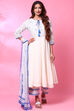 Off White Cotton Anarkali Kurta Palazzo Suit Set image number 3
