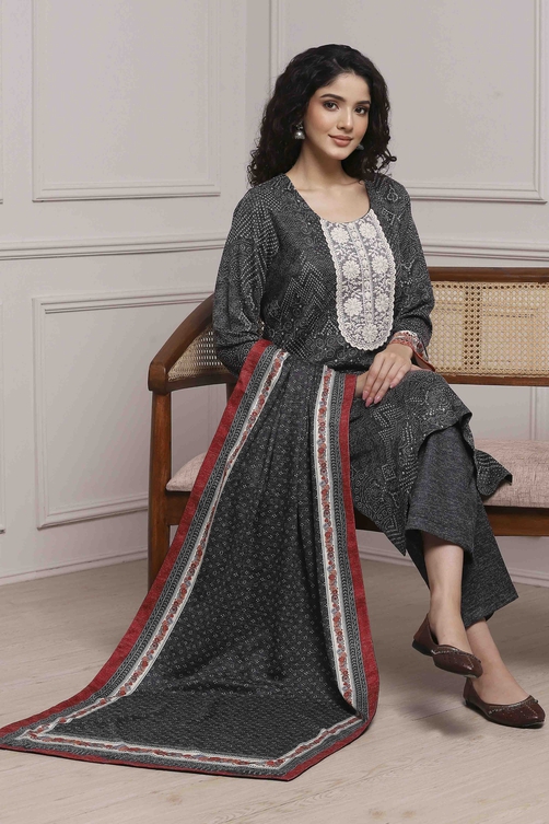 Black Blended Straight Printed Suit Set image number 0