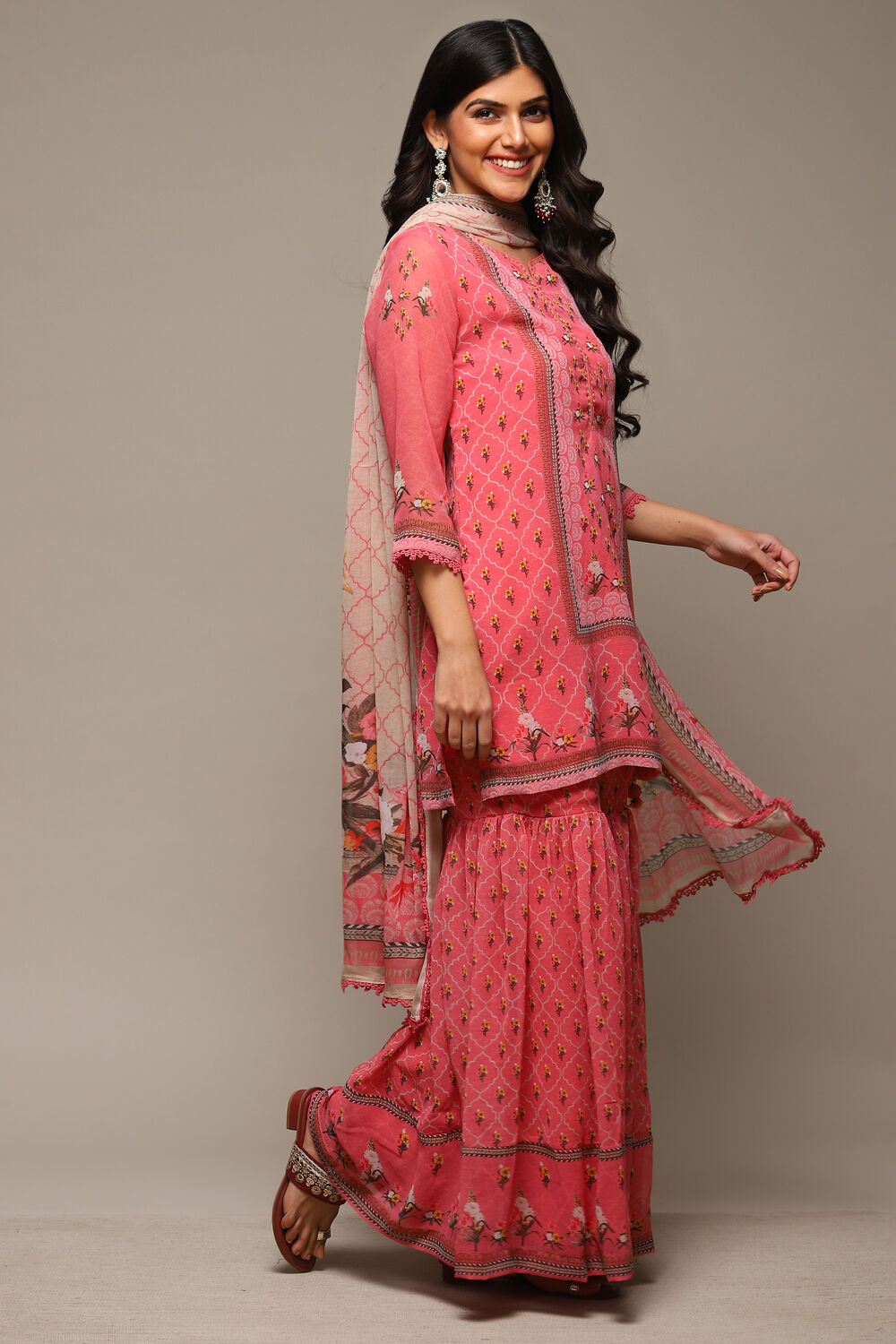 Coral Pink Cotton Blend Straight Kurta Garara Suit Set image number 6