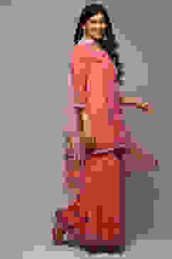 Coral Pink Cotton Blend Straight Kurta Garara Suit Set image number 6