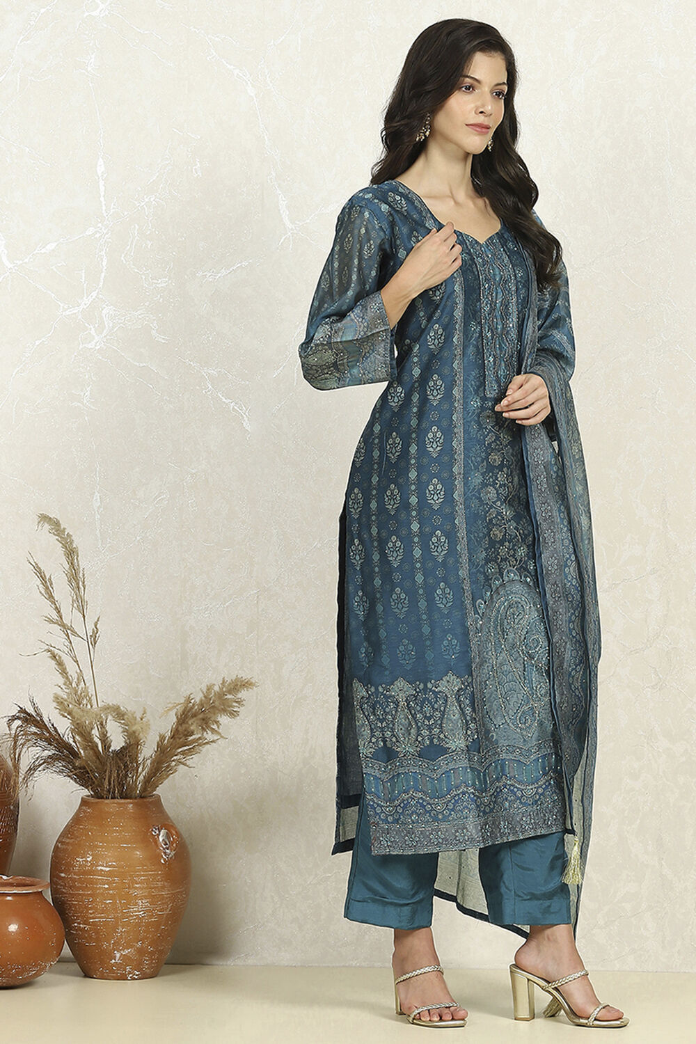 Teal Chanderi Unstitched Suit Set image number 6