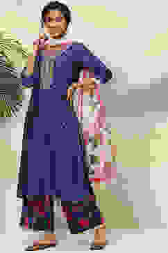 Blue And Off White Cotton Straight Suit Set image number 5