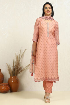 Peach-Toned Chanderi Floral Printed Unstitched Suit Set image number 1