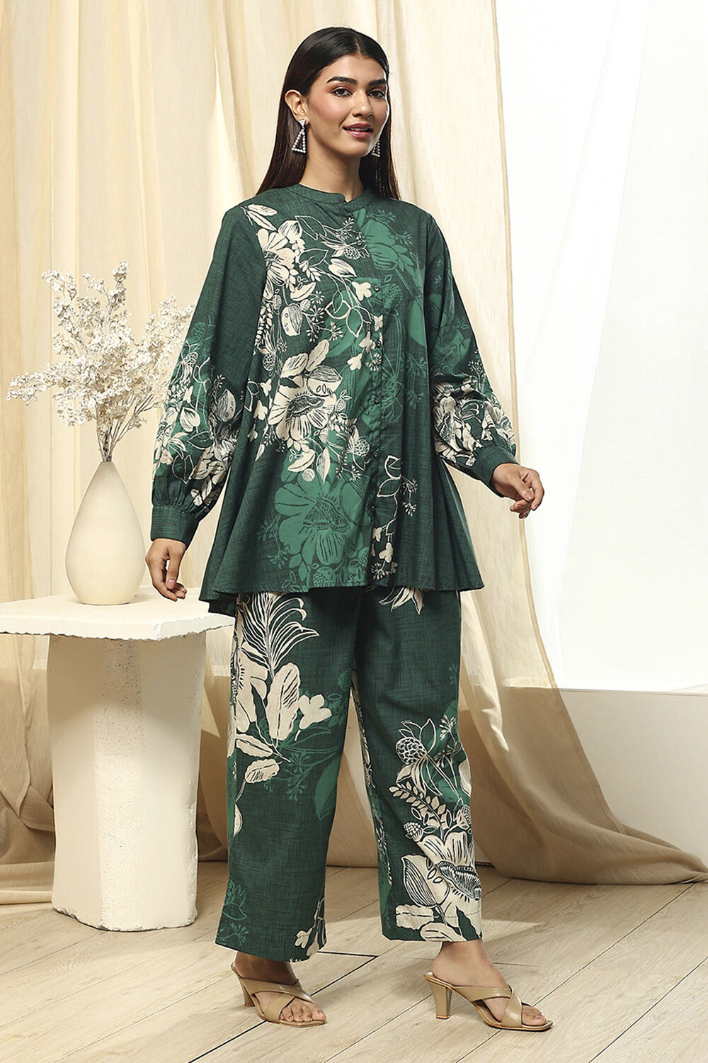Green Cotton Floral Printed Co-ord Set image number 5