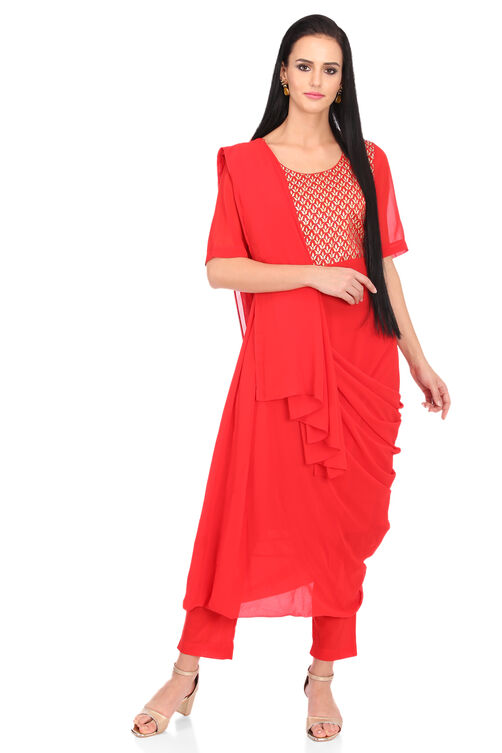 Red Art Silk Saree Kurta Slim Pant Suit Set image number 2