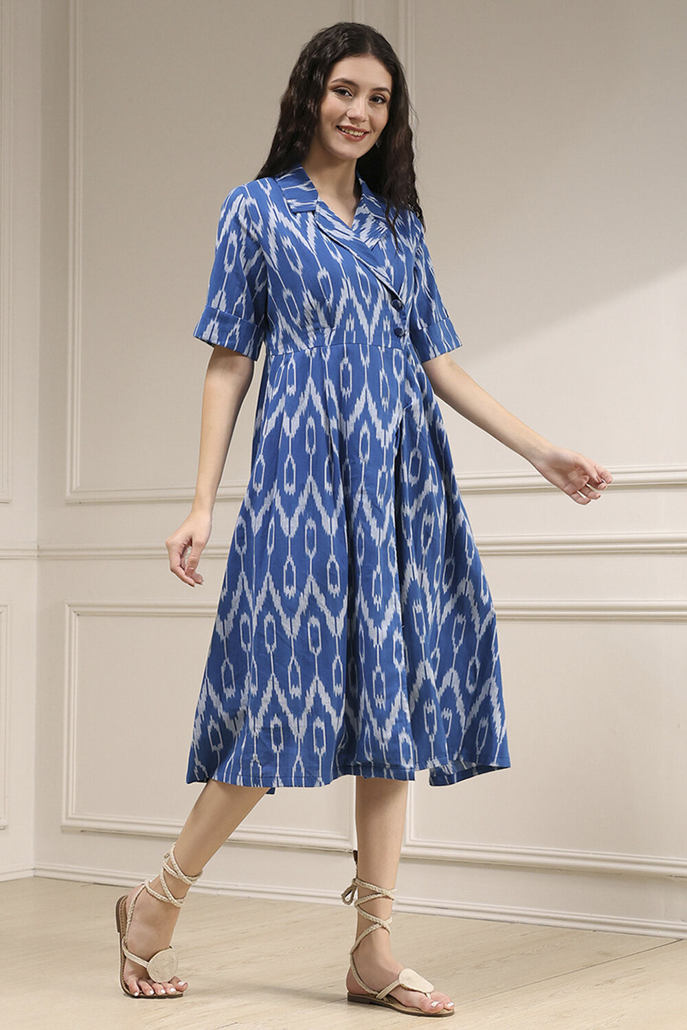 Blue Cotton Flared Yarndyed Dress image number 4