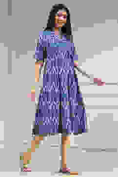 Blue Cotton Flared Yarndyed Dress image number 4