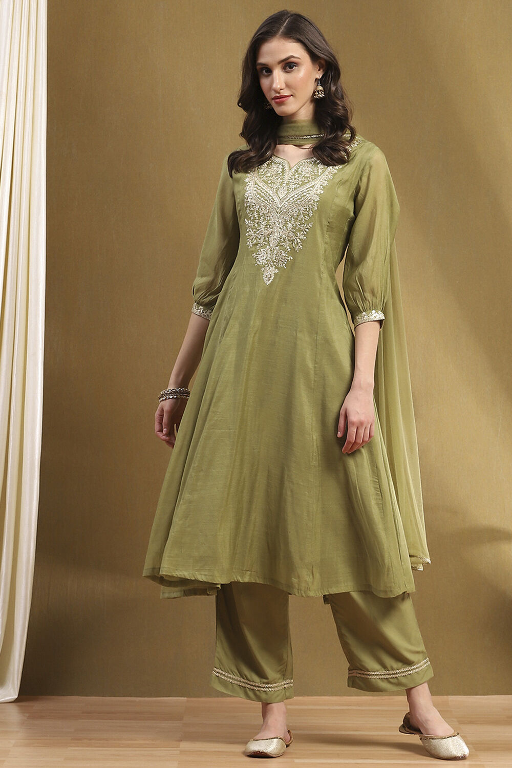 Green Embroidered Festive Kalidar Suit Set image number 0