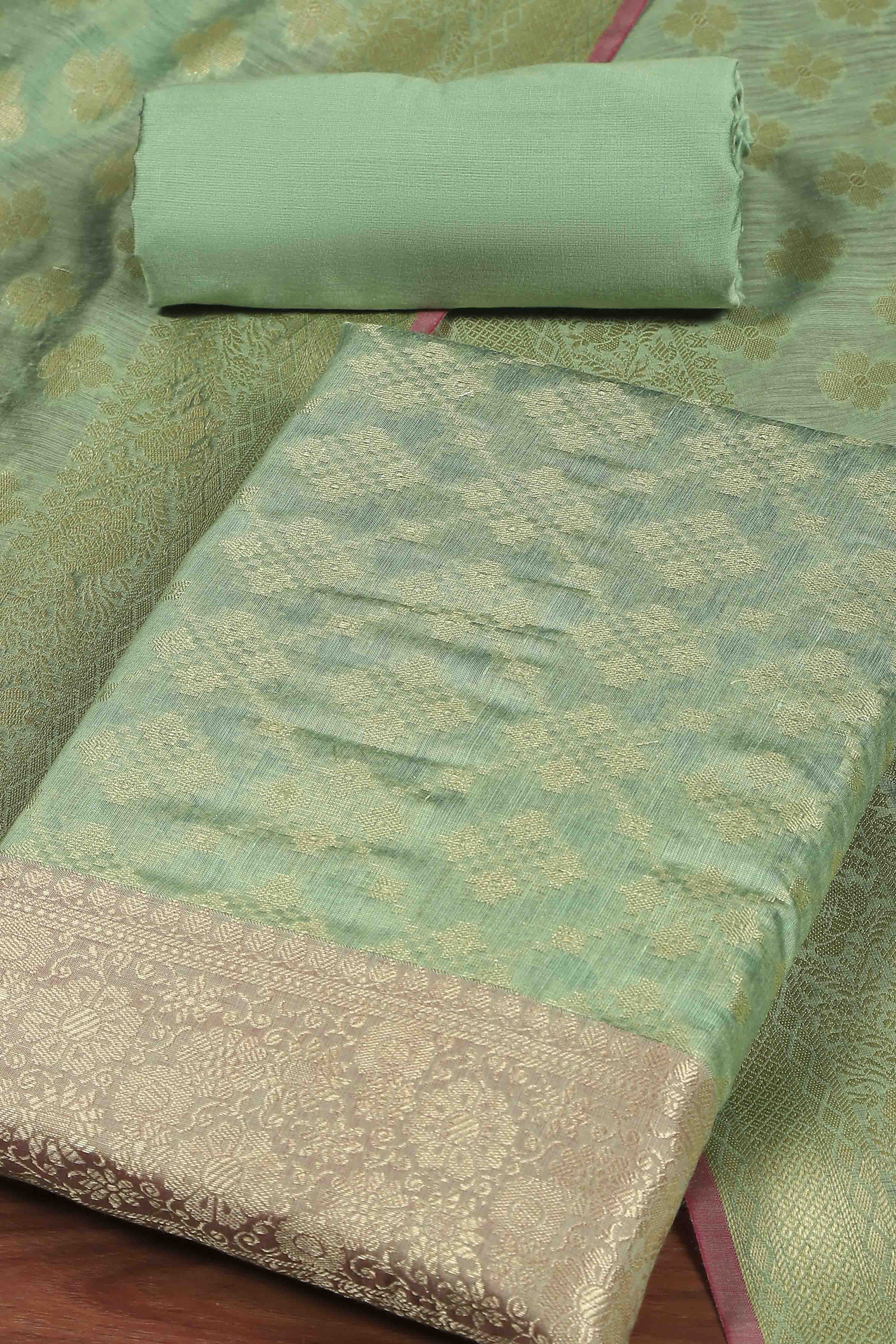 Green Cotton Printed Embroidered Unstitched Suit Set image number 1