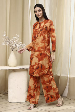 Orange Printed Straight Co-ord Set image number 3