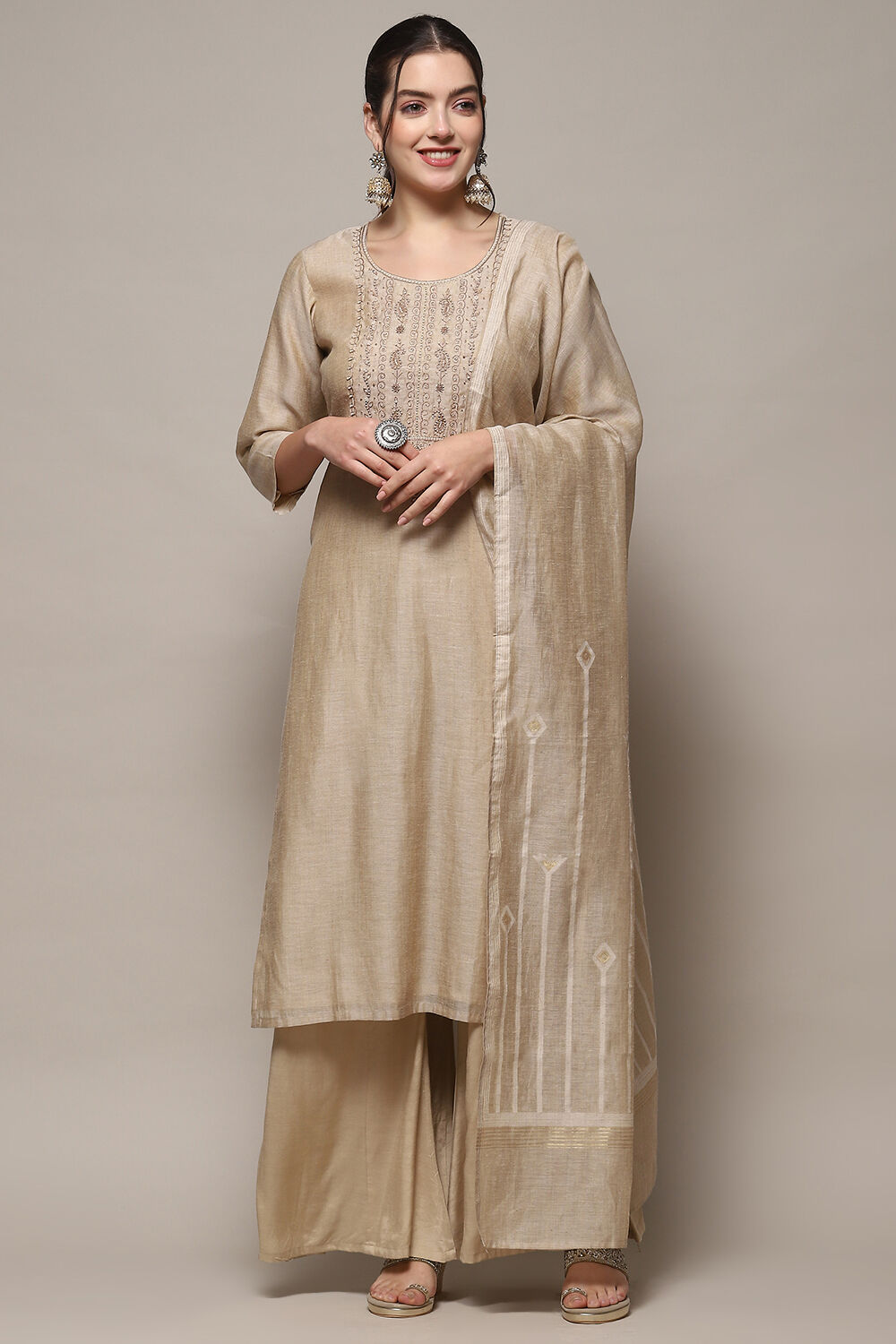 Off White Chanderi Blend Unstitched Suit set image number 8