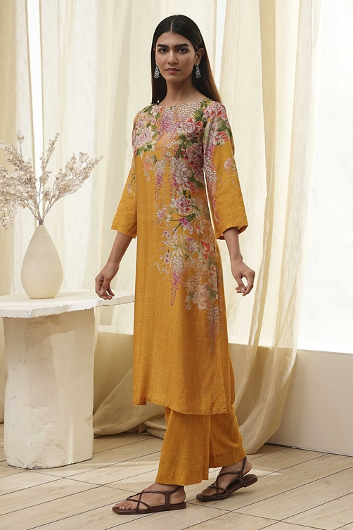 Mustard Yellow Floral Straight Kurta Set image number 3