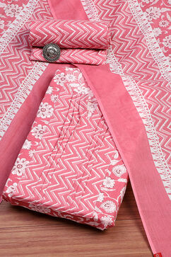 Pink Cotton Screen Printed Unstitched Suit Set image number 0