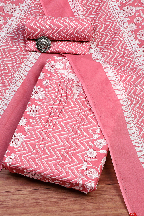 Buy Pink Cotton Screen Printed Unstitched Suit Set Online at Biba