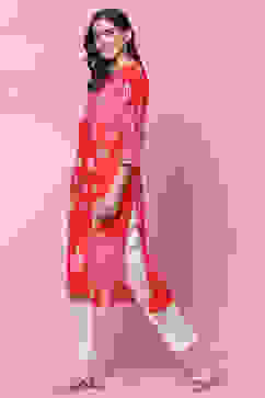 Red Cotton A Line Kurta image number 2