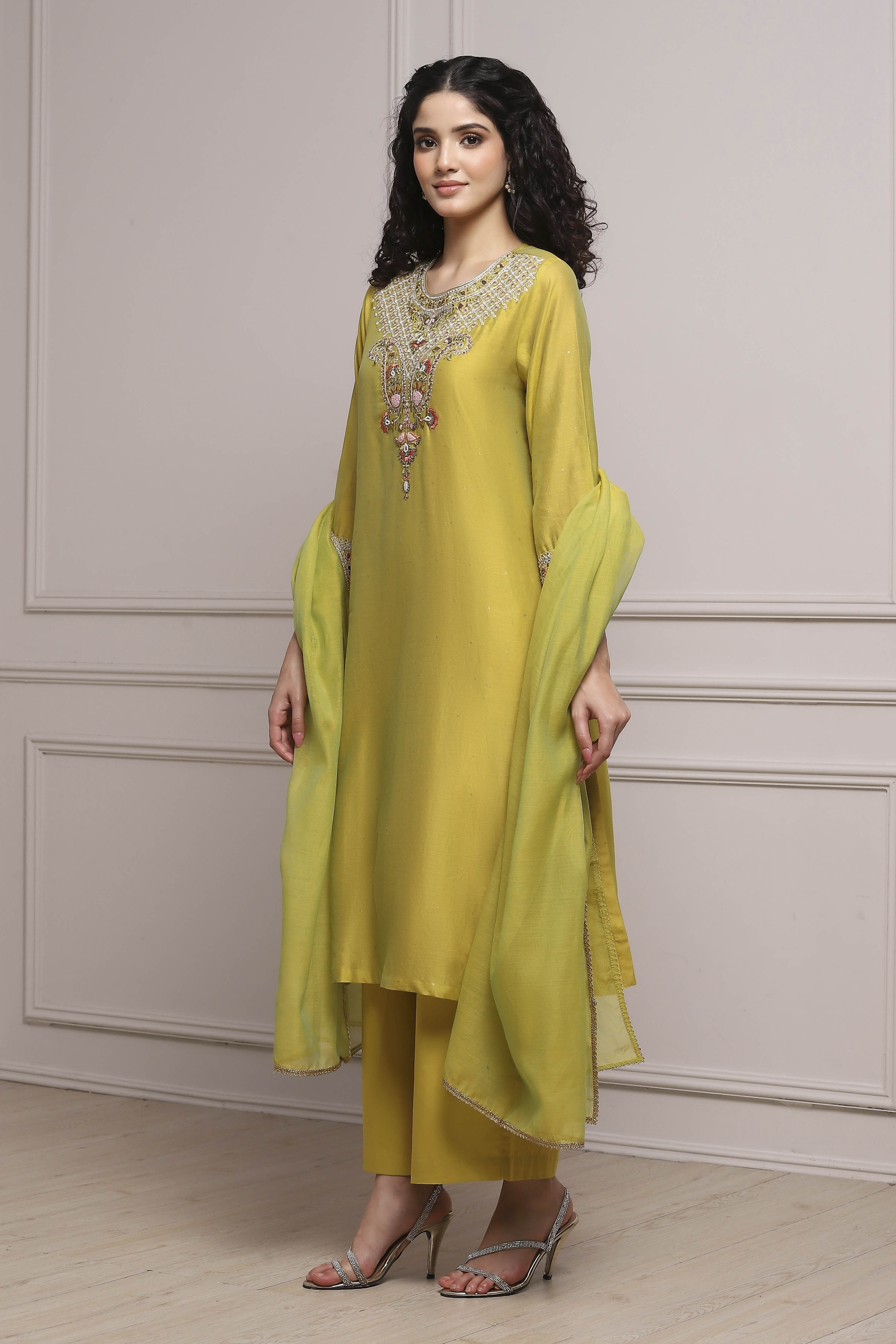 Lime Green Silk Chanderi Embroidered Dyed Straight Suit Set image number 3
