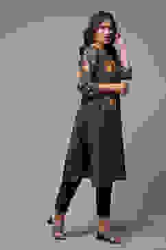 Black Cotton Straight Printed Kurta image number 4