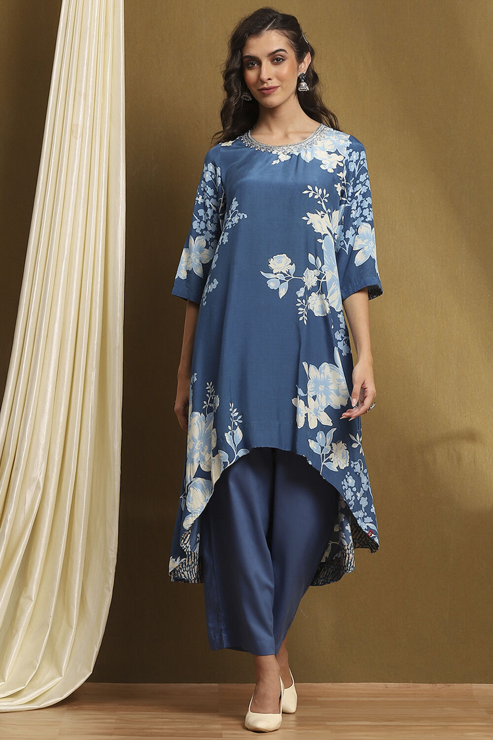 Indigo Modal Floral Printed Asymmetric Kurta Set image number 0