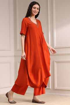 Burnt Orange Dyed Asymmetric Kurta Set image number 4