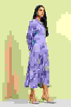 Blue Floral Printed Shirt Style A-line Dress image number 4