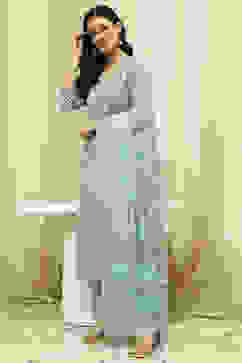 Green Cotton Screen Print Unstitched Suit Set image number 4