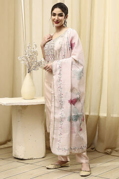 Beige Cotton Blend Machine Embroidered Unstitched Suit Set image number 4