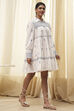 Off-White and Blue Cotton Floral Tiered Dress image number 4