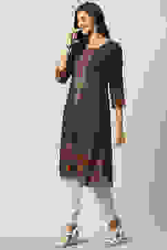 Black LIVA Straight Printed Kurta image number 2