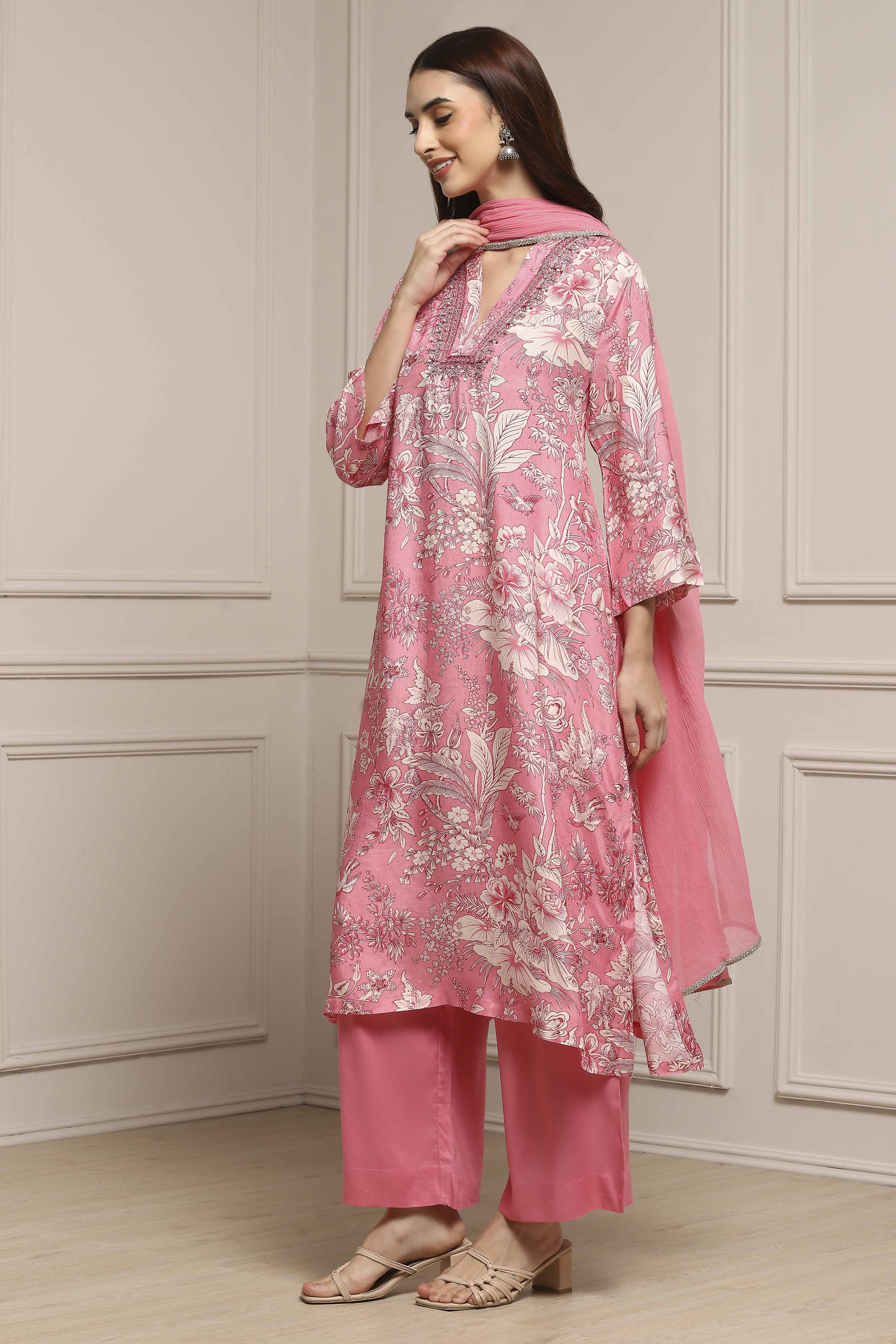 Pink Viscose Rayon Asymmetric Printed Suit Set image number 3