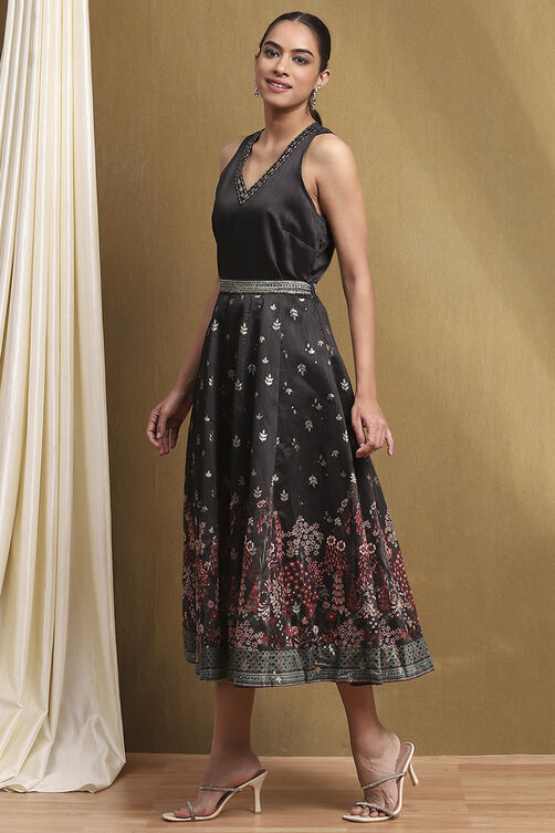 Red Dupion Floral Printed Flared Dress image number 2