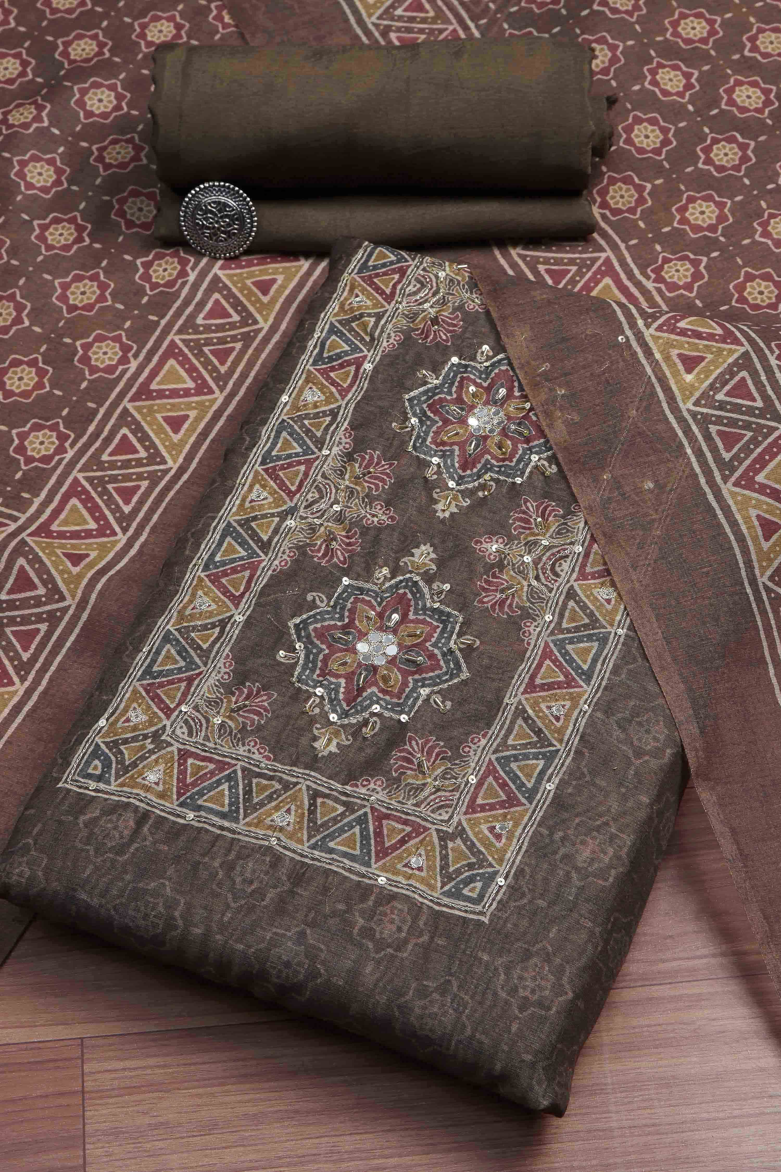 Brown Chanderi Rajasthani Print Unstitched Suit Set image number 0