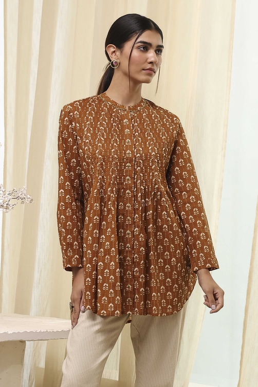 Mustard Brown Cotton Printed Shirt image number 5