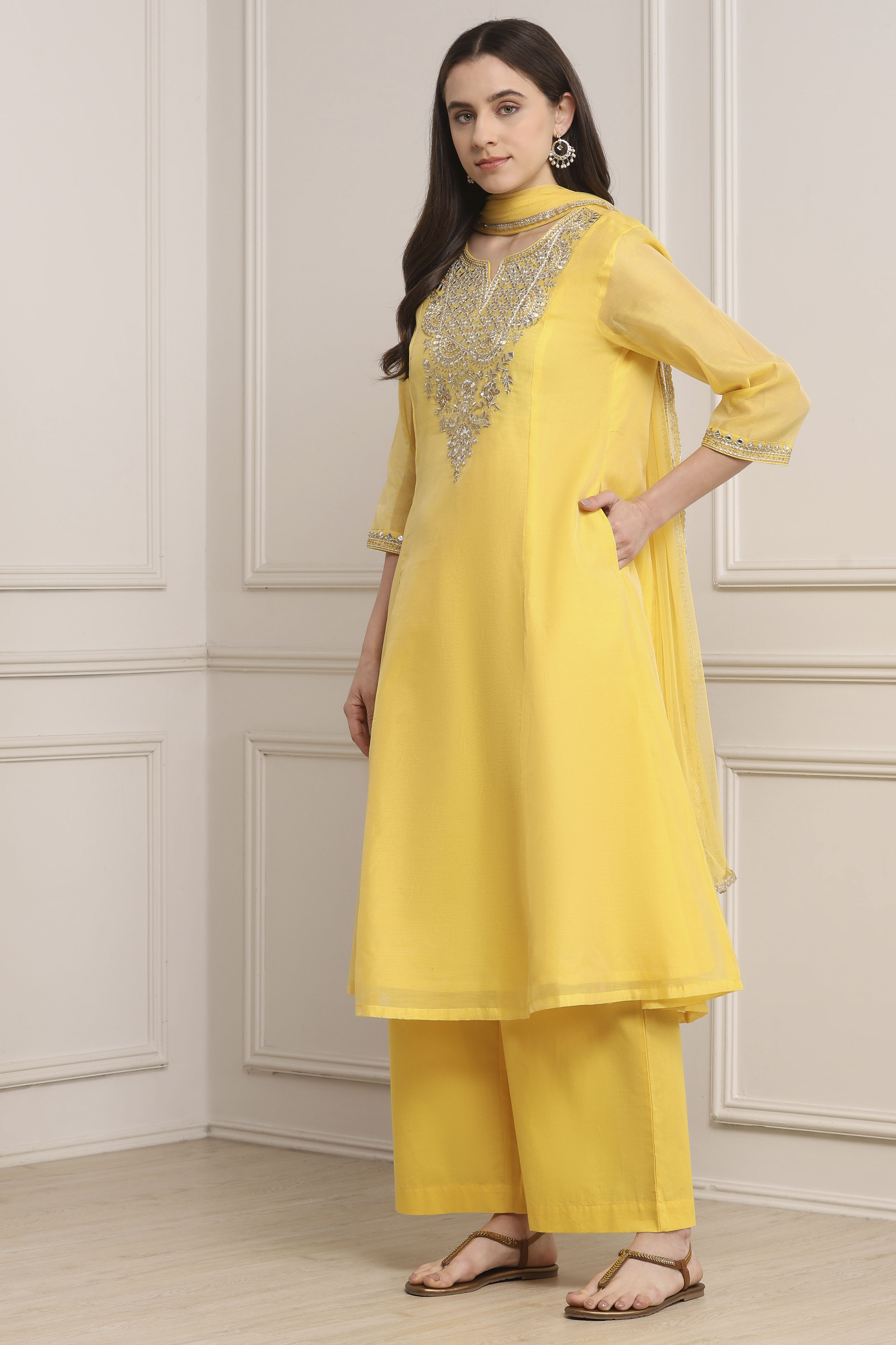 Yellow Poly Chanderi Straight Suit Set image number 2