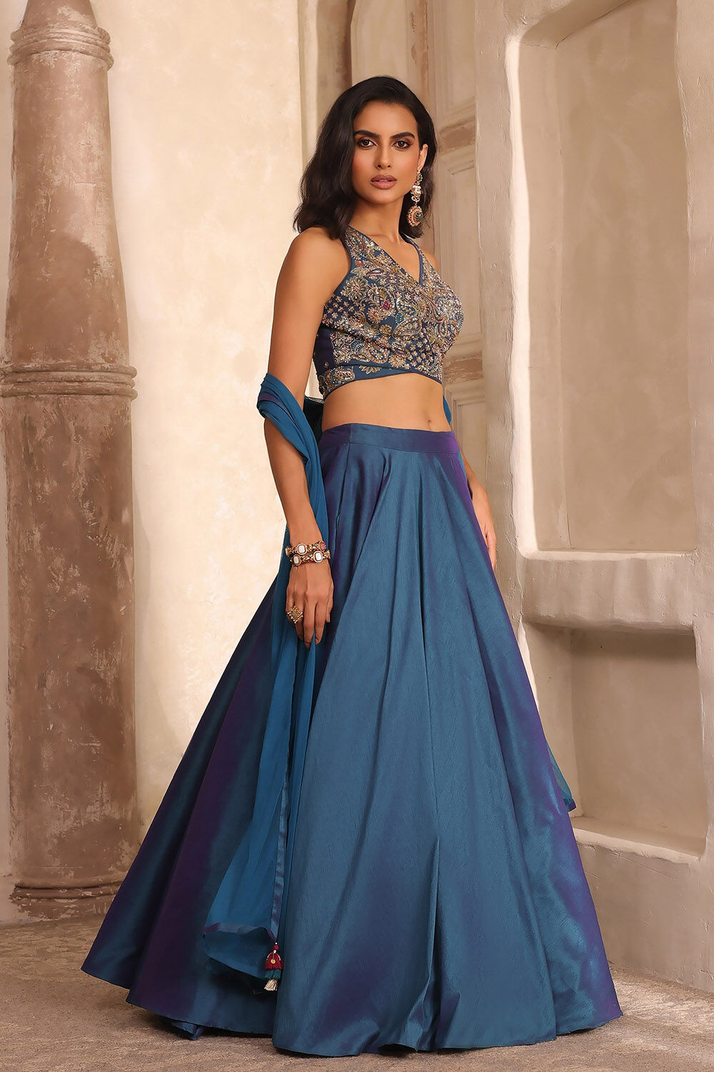 Teal Poly Dupion Silk Hand Zardozi Lehenga Set image number 5