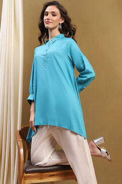 Turquoise Solid Asymmetric Short Kurta image number 6