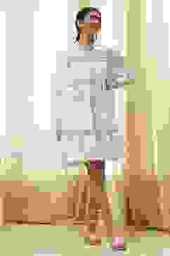 Off-White and Blue Cotton Floral Tiered Dress image number 5