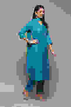 Turquoise LIVA Gathered Yarndyed Kurta Afgan Pant Suit Set image number 6