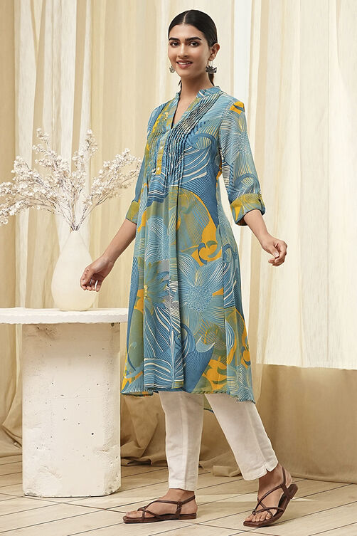 Blue Printed Pleated A-Line Kurta image number 2