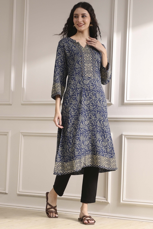 Blue Printed Straight Kurta image number 0