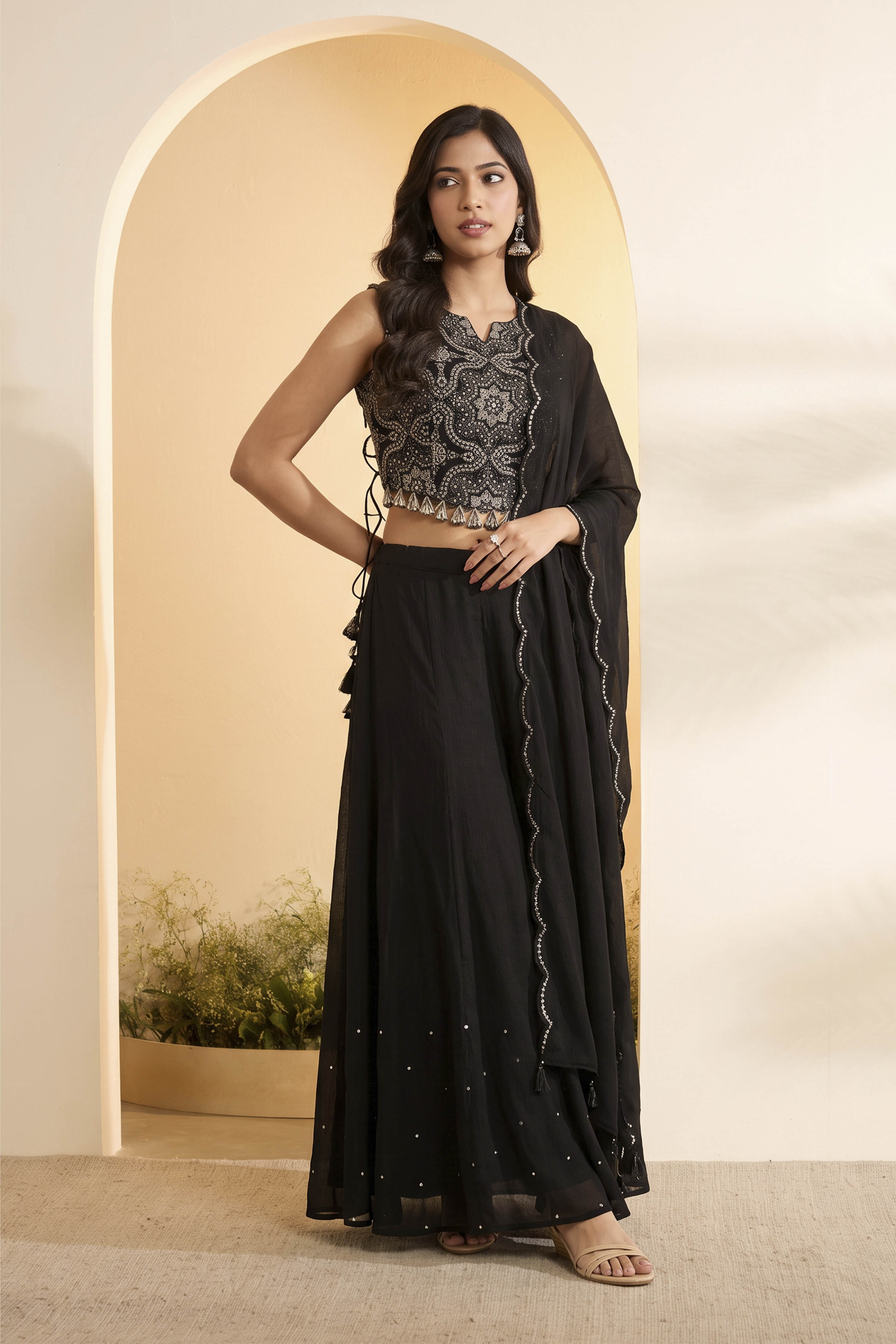 Black Poly Georgette Embellished Sharara Set image number 5