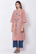 Peach Cotton A-Line Printed Kurta image number 2