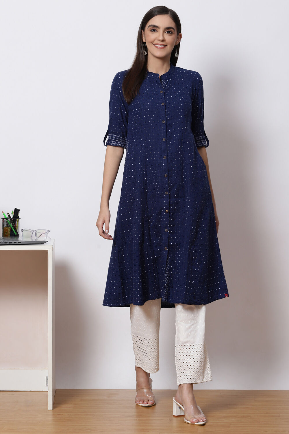 Navy Blue Cotton A Line Kurta Set image number 0