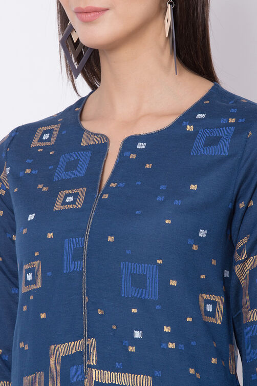 Indigo Cotton Flax Straight Printed Kurta image number 1
