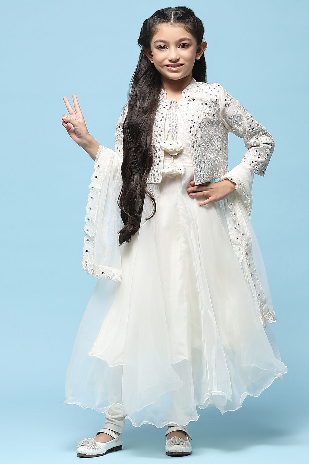 Ivory Cotton Blend Flared Kurta Churidar Suit Set Suit Set image number 7