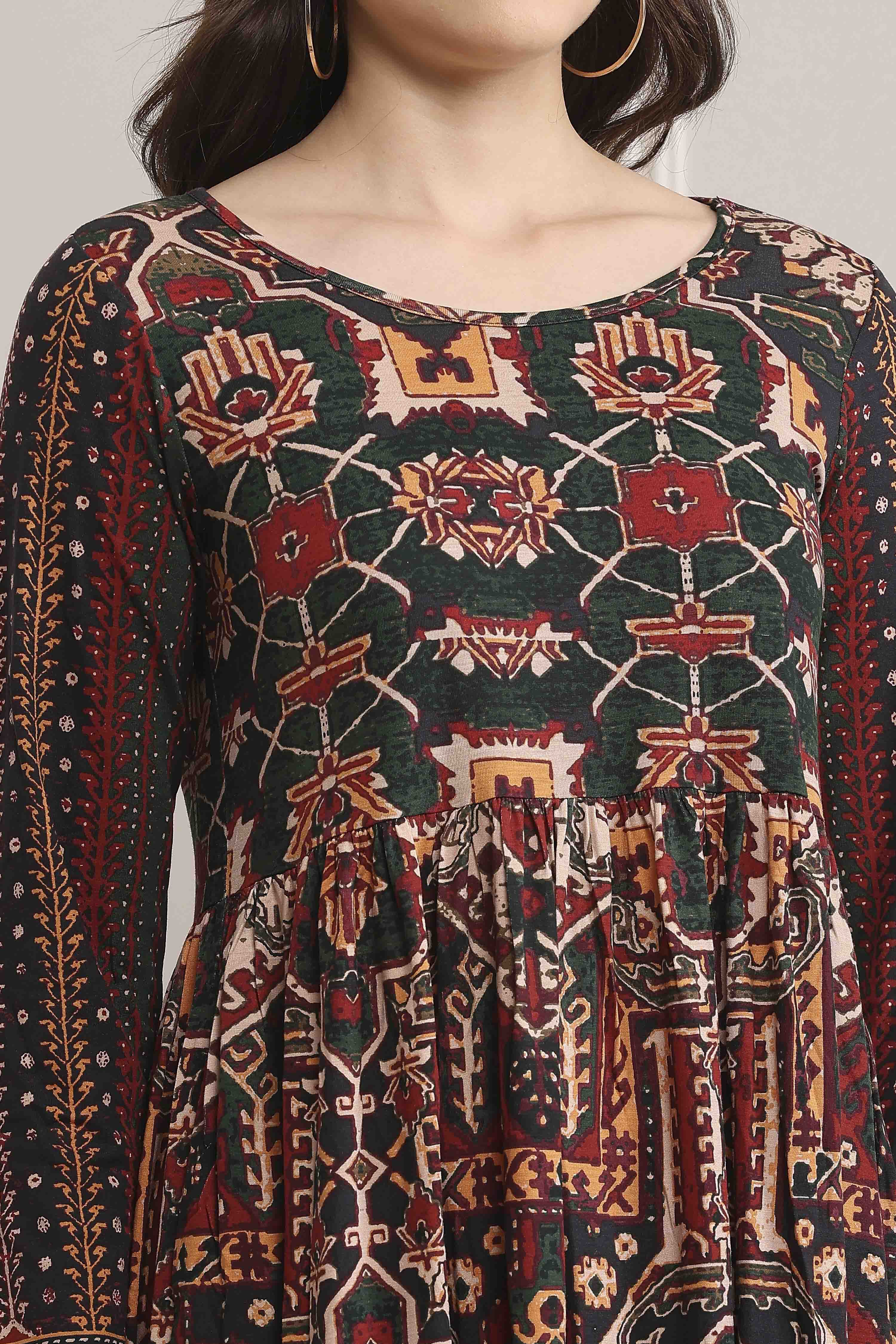 Rust Cotton Blend Flared Printed Dress image number 1